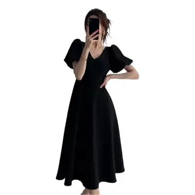 Black French V Neck Hepburn Style Skirt for Plus Size Women
