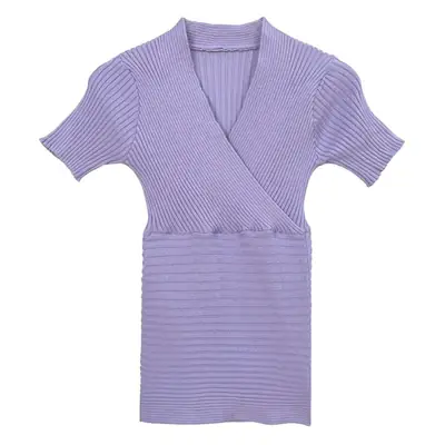 Women Knitted V-Neck T-Shirt Large Beige