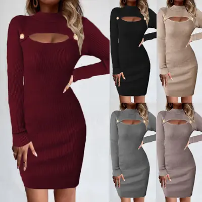 Women Knitted Hollow Out Sweater Dress Beige