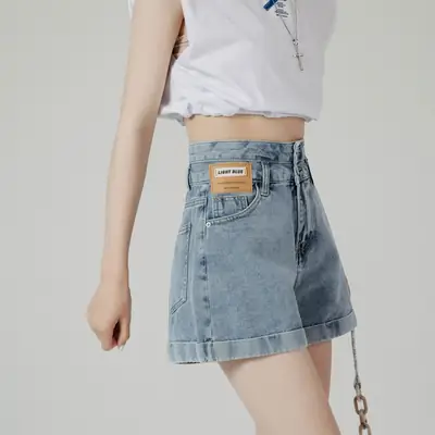 Women High Waist Denim Shorts Curling Edge