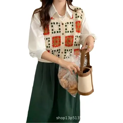 Women Crochet V-Neck Vest with Floral Embroidery