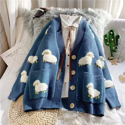Women Blue Knitted Sheep Embroidered Cardigan Winter Coat