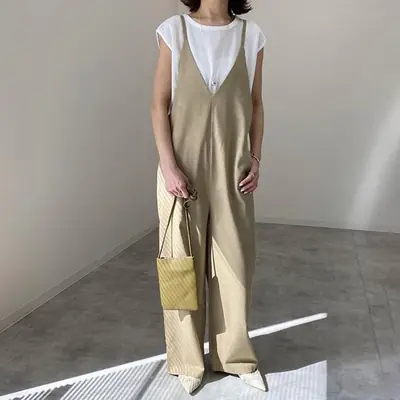 Women Strap Pants Set Solid Beige 2022 Spring Summer