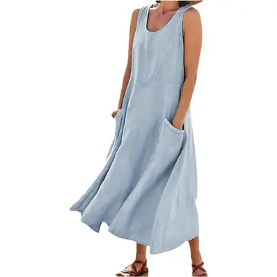 Midi Sleeveless Cotton Dress Plus Size Flap Pocket