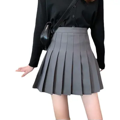 Women Pleated Skirt Grey High Waist College Style