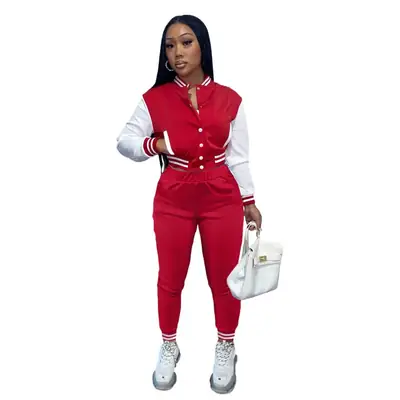 Purple 2-Piece Women's Baseball Jacket Suit with White Drawstring Waist