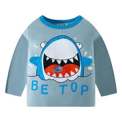 2026 Cartoon Shark Print Boys Long Sleeve T-Shirt Yellow