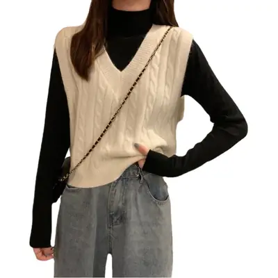 Vintage V-Neck Twist Knit Vest Women Autumn 2025