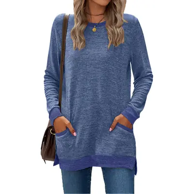 Green Long Sleeve Round Neck Pullover Top with Pocket