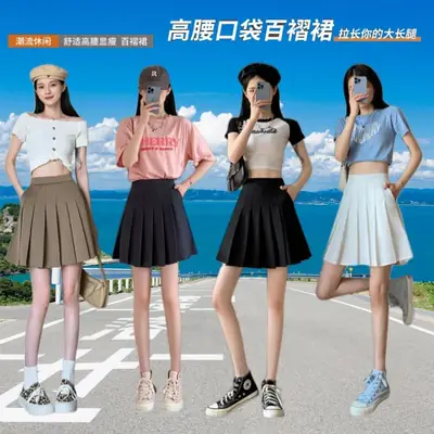 New Style Pocket Pleated Skirt for Students Black White Gray Khaki
