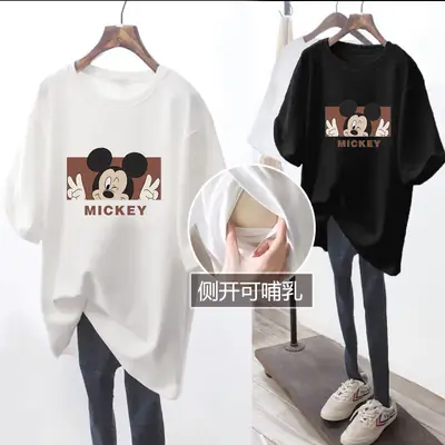 Grey Mickey Print T-Shirt Short Sleeve Cotton