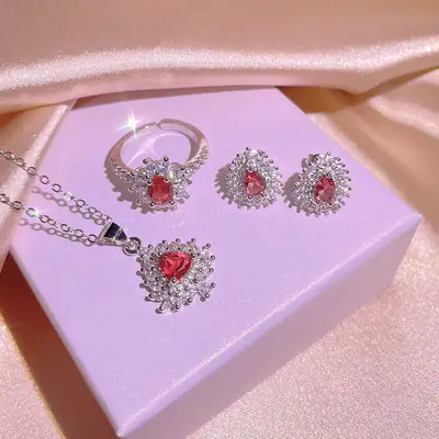 Shiny Red Zircon Earrings Set for Weddings