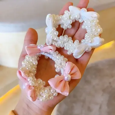 Girls' Pink Pearl Bow Hair Ties 2024