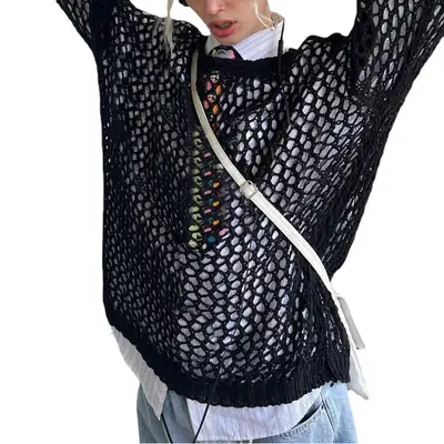 Cross-Border Export 2025 Sexy Cut Out Mesh Woolen Blouse for Women