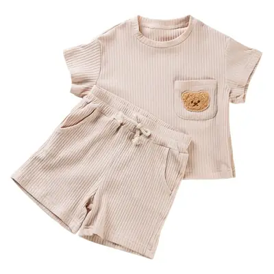 Boy's Summer Patchwork T-Shirt Shorts Set Beige Cotton