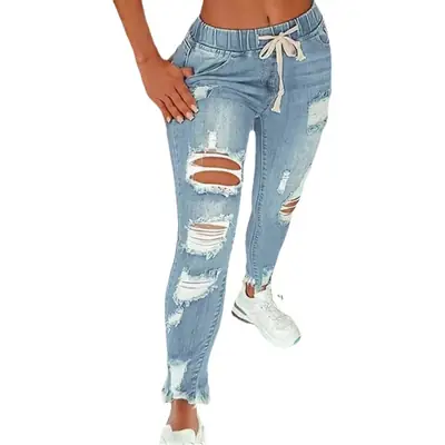 Amazon Aliexpress Cross-Border European and American Style Elastic Waist Women's Jeans High-Waisted Ripped Skinny Lace-Up Pants