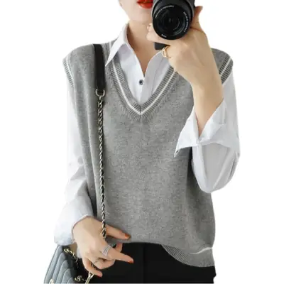 Women V-Neck Vest Grey Academic Sweater Waistcoat