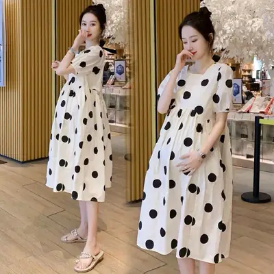 Maternity Dress Polka Dot Long Knee Length Skirt