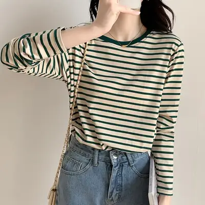 Women Striped Long Sleeve T-Shirt Spring Autumn Loose Slimming
