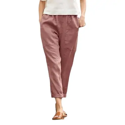 Women Linen Radish Cropped Pants Plus Size Maroon