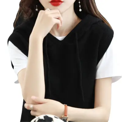 Women Black Knitted Hooded Vest 2024 Spring