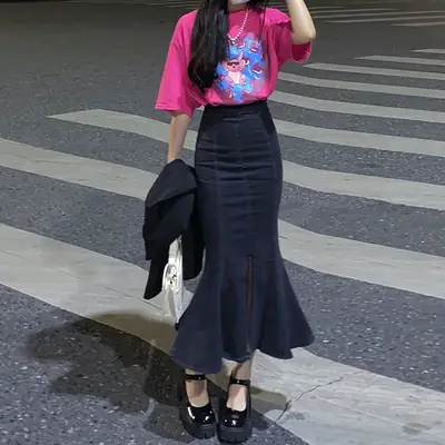 Black Denim Fishtail Skirt with High Waist & Split