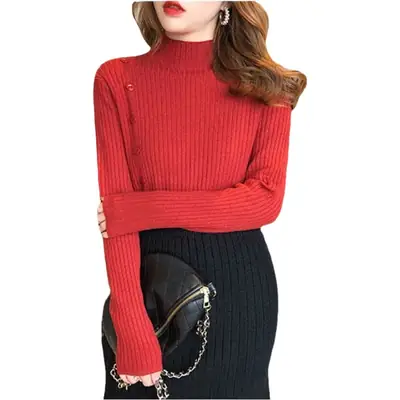 Korean Mock High Collar Knit Sweater Women Blue