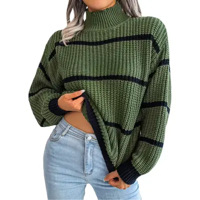 Women Knitted Striped Turtleneck Sweater Green Black