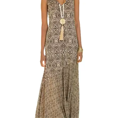 Women Printed Sleeveless Long Dress Grey Patterned
