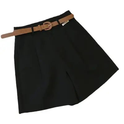 Women Black Belted Wide Leg Shorts