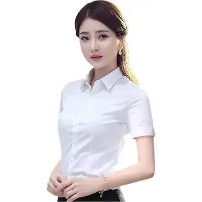 Women White Slim Fitting Shirt Short Sleeve Formal Wear
