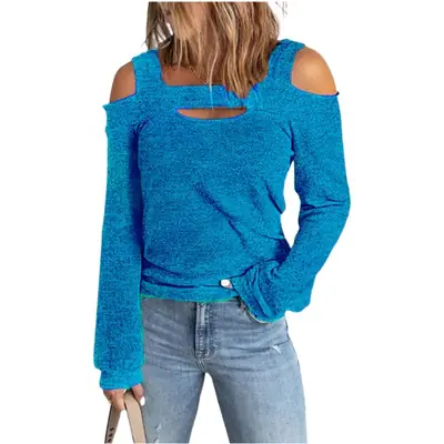 Women's Maroon Cold Shoulder Long Sleeve T-Shirt