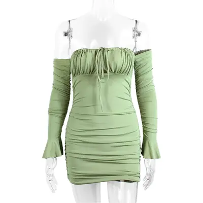 Green Long Sleeve One-Line Dress with Lace-Up Hip Skirt