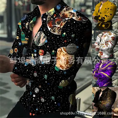 Men's 3D Leopard Print Long Sleeve Shirt Teal Yellow