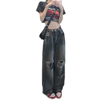 Smoky Grey Wide Leg Ripped Jeans Women Summer
