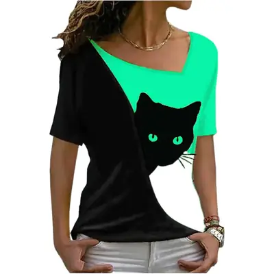 2025 Plus Size Women Black Cat Print T-Shirt