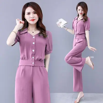 Women's Purple Button Front Two-Piece Set