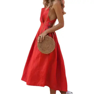 Red Strap Button Waist Pleated Dress for Women