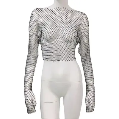 Women Rhinestone Fishnet T-Shirt Green Long Sleeve
