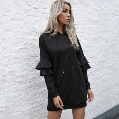 Black Long Sleeve Hooded Skirt for Women