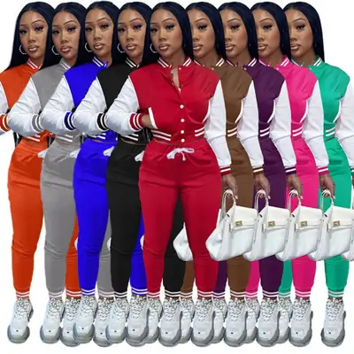 Women's Blue Baseball Jacket Single Breasted Sports Suit