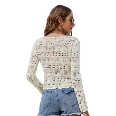 Spring Knitted Hollow Blouse V-Neck Drawstring Sunscreen