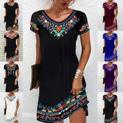 2022 Printed Mid-Waist Summer Dress Black Short Sleeve