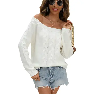 Off-Shoulder Knitted Pullover Sweater Women White