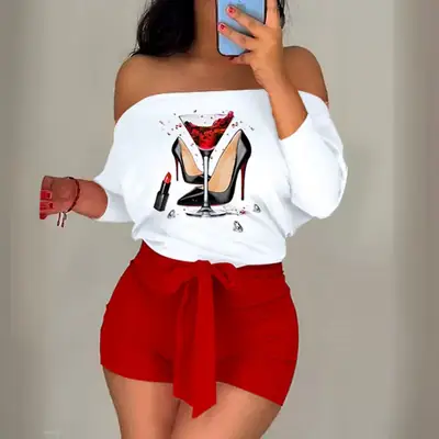 2022 Printed One-shoulder Shorts Suit Orange Blue