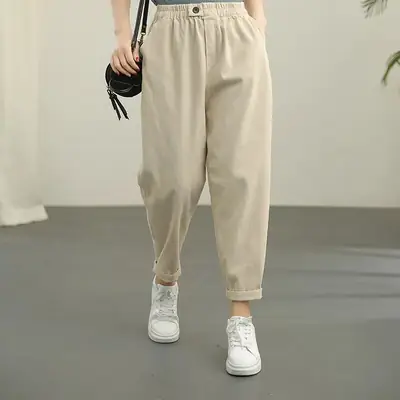 Women Brown Cropped Radish Pants Autumn Slimming