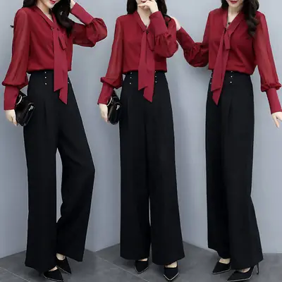 Black Wide Leg Pants & Long Sleeve Shirt Set for Women