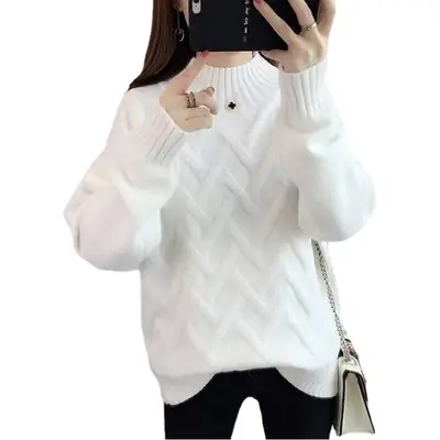 Women's Yellow Chevron Wool Sweater Semi-High Collar