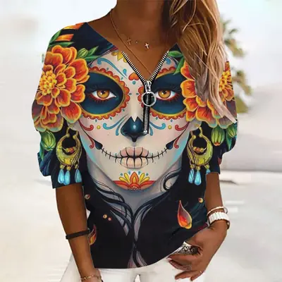 Women Long Sleeve Zipper Sweatshirt Halloween Skull Print