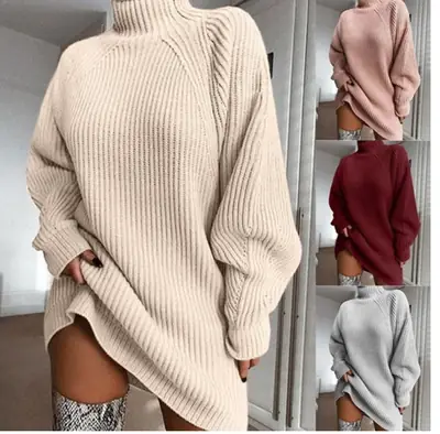 2025 Knit Half Turtleneck Raglan Sleeve Dress Beige
